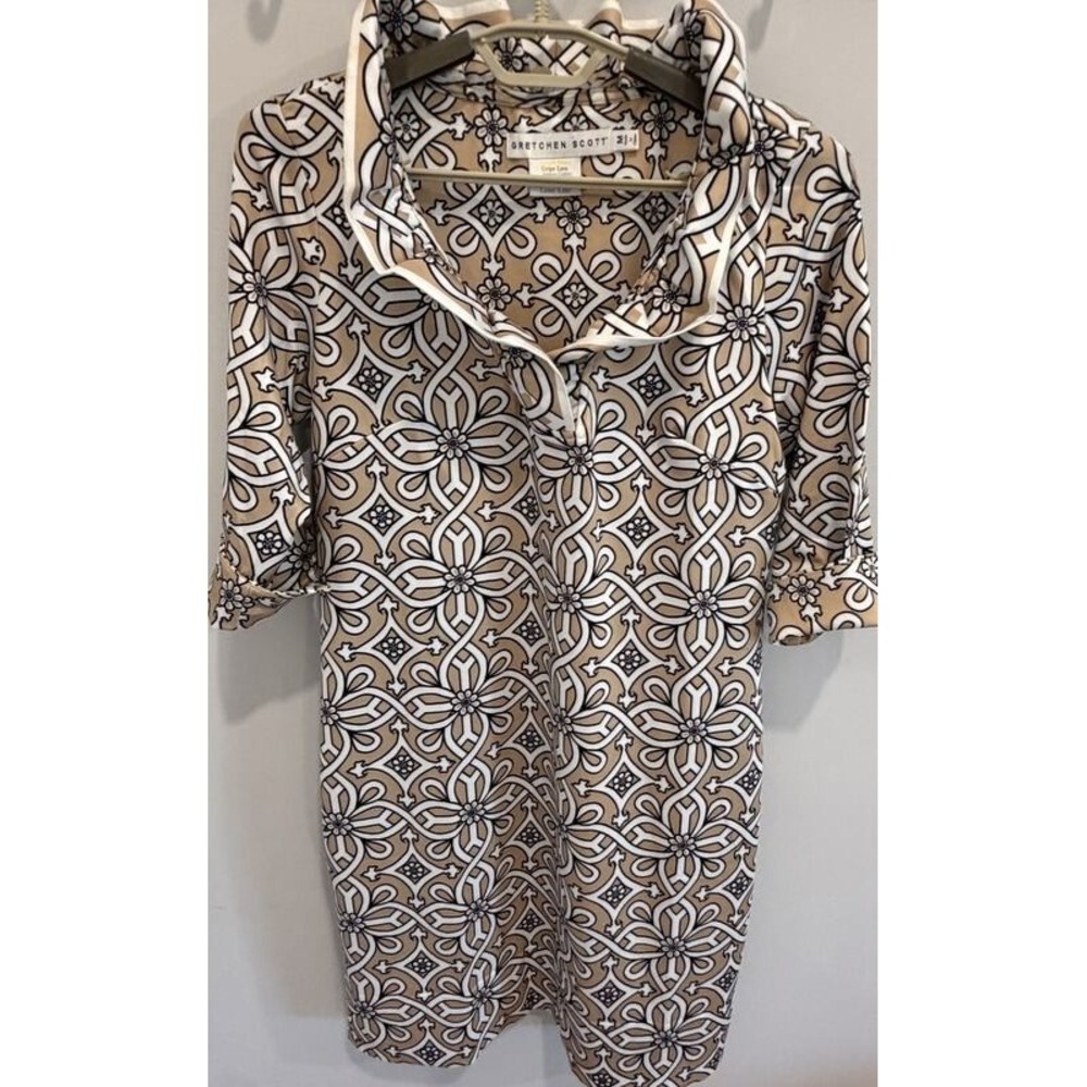 Gretchen Scott Ruffneck Dress Tan Black White Geo Print 3/4 Sleeve Size M